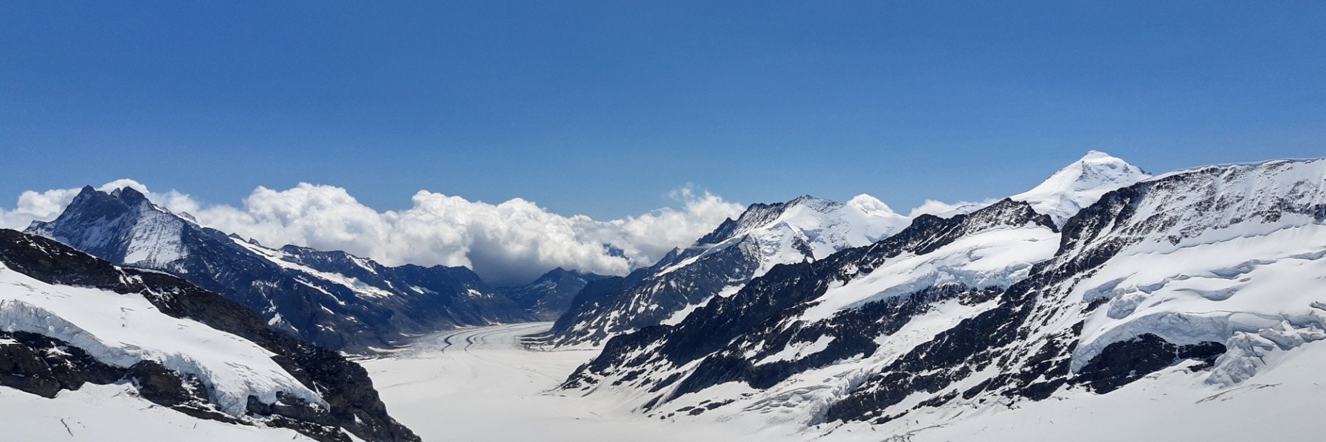 Panorama of the Swiss Alps above a glacier